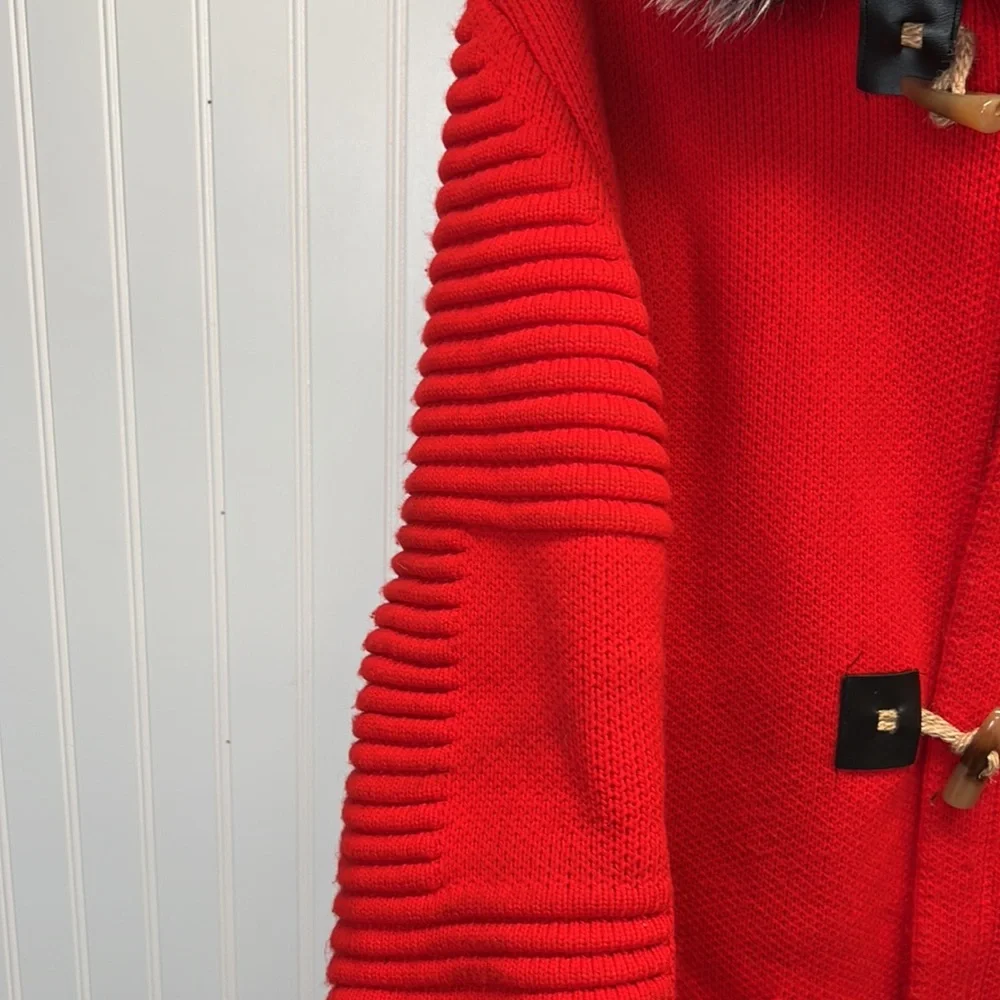 One In A Million Fur Trimmed Hooded Sweater Cardigan Jacket Sz‎ L Poppy Red
